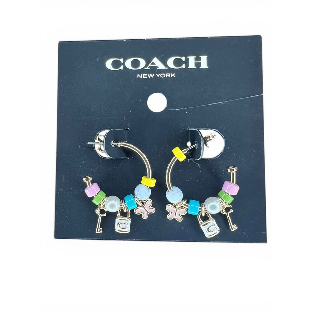 NWT Coach Padlock Multi Charm Huggie Earrings  Gold Beaded Butterfly Key Logo - Picture 5 of 6